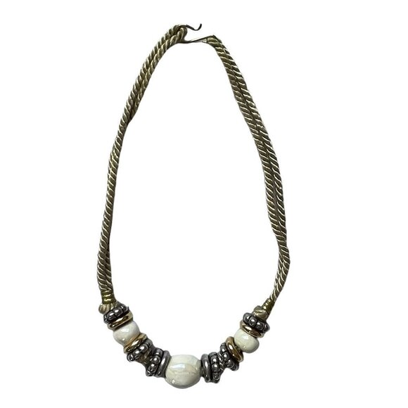 Pearl Color Glass Bead Necklace with Gold Cord and Metal Embellishments - Picture 4 of 5